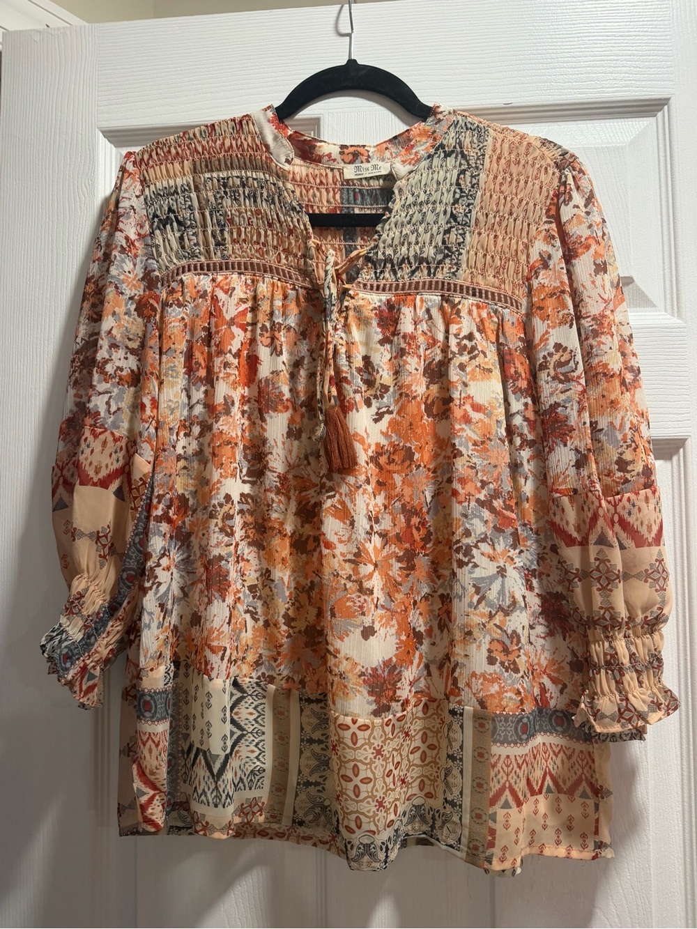 Miss Me Cream & Rust Floral Smocked Peasant Tunic